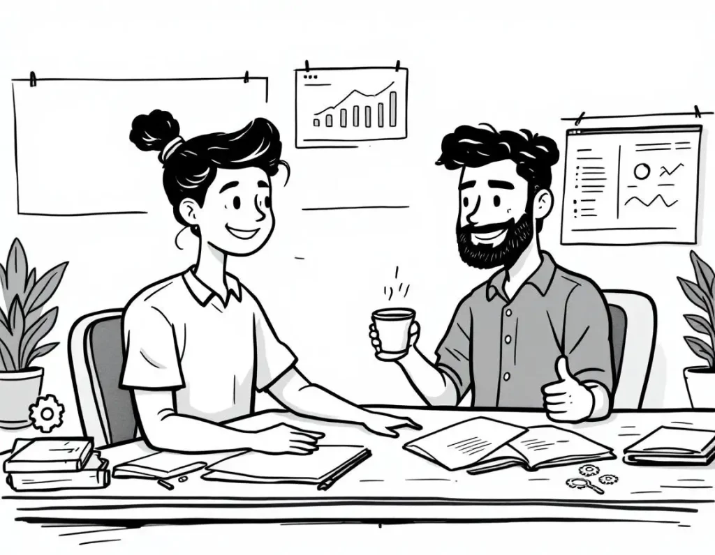 A black and white illustration of two professionals sitting across from each other at a desk, smiling and engaging in conversation. One person is holding a cup, while the other gestures towards some documents and notes on the desk. Background elements include charts and plants, creating a collaborative and friendly office atmosphere.