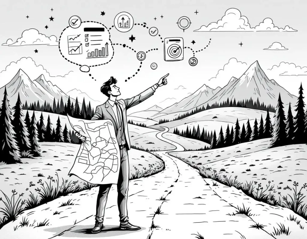A businessman in a suit holds a map and points towards the mountains while various icons representing data and analysis are depicted above him.