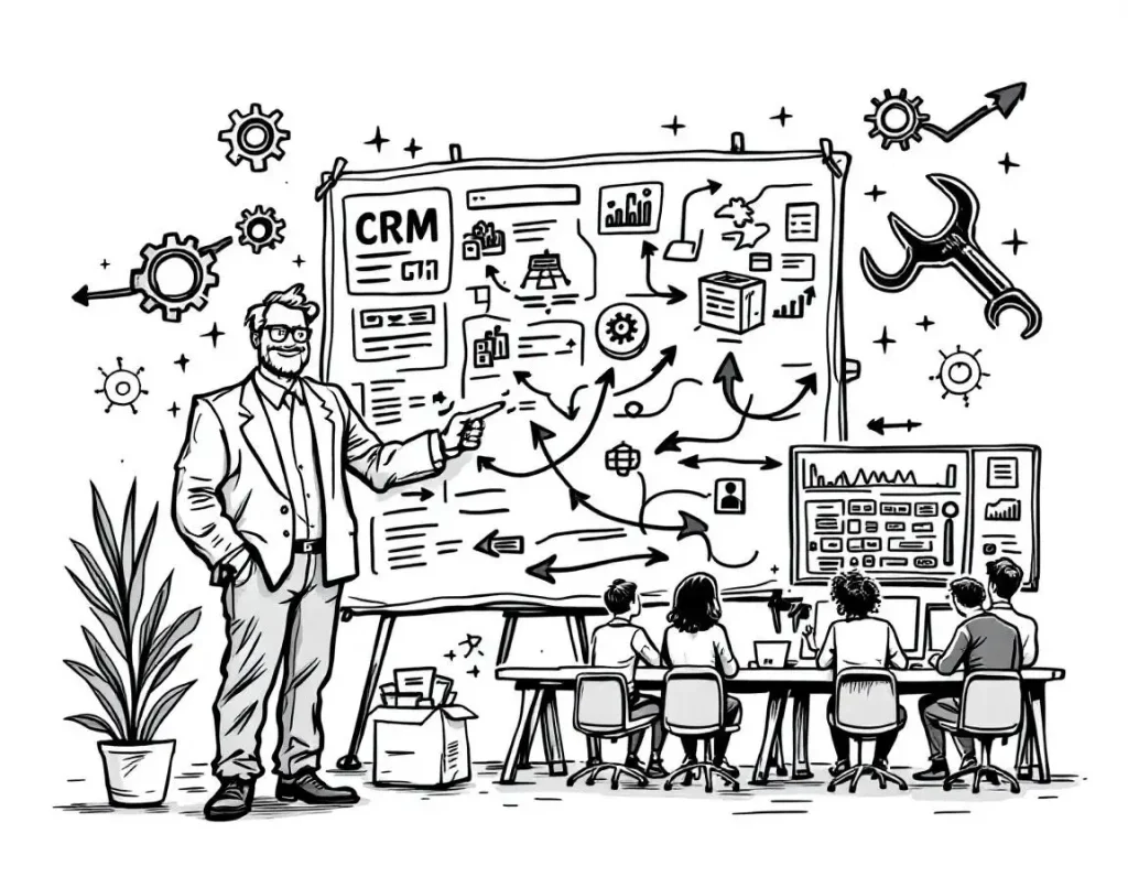 Illustration of a CRM consultant presenting a strategic plan, with a flowchart and data visuals on a large board, while a team of individuals observes and engages in discussion.