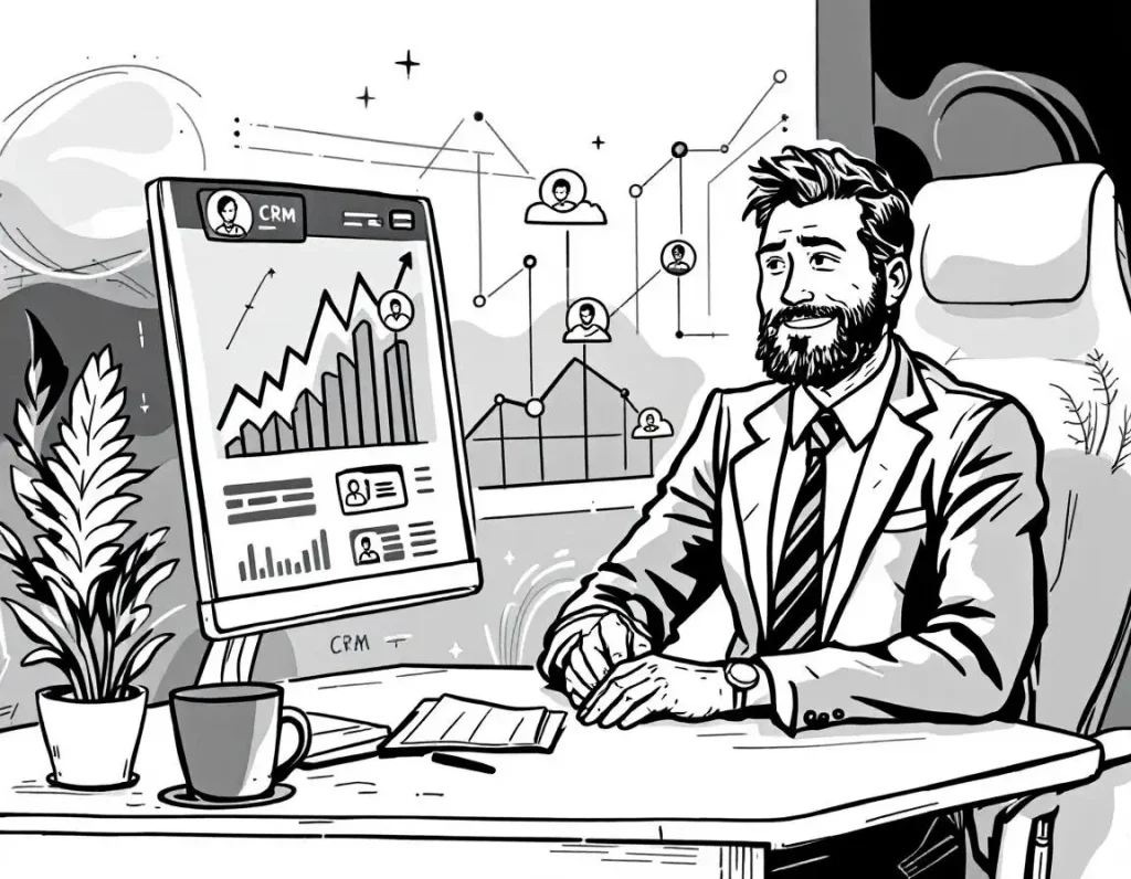 Illustration of a businessman sitting at a desk with CRM data displayed on a computer screen, featuring graphs and customer icons.