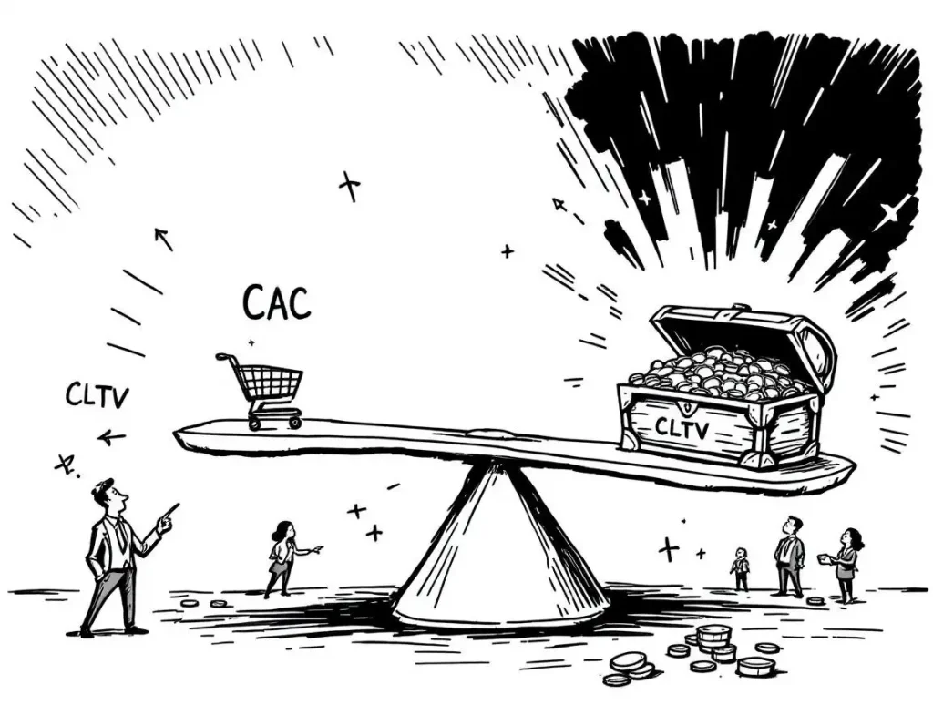 An illustration showing a balance scale with a shopping cart labeled 'CAC' on one side and a treasure chest filled with coins labeled 'CLTV' on the other side, symbolizing the relationship between Customer Acquisition Cost and Customer Lifetime Value.