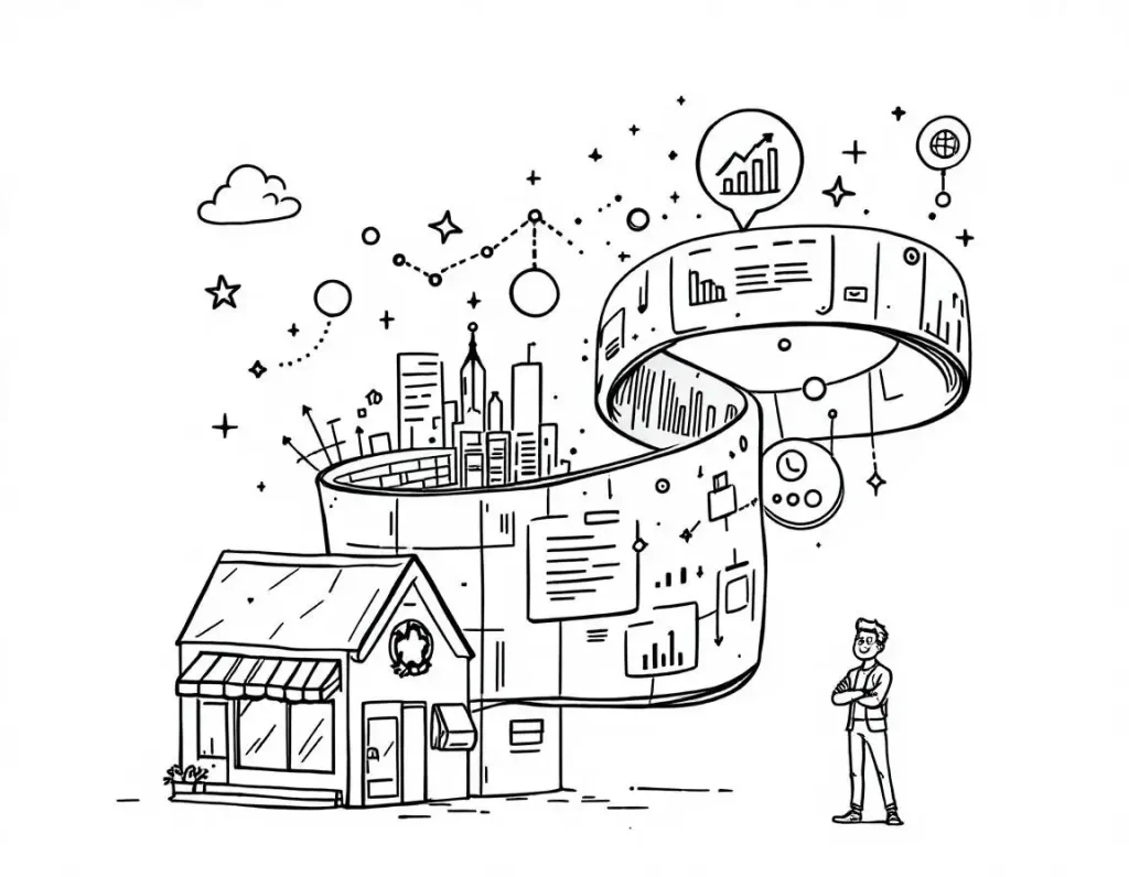 An illustration showing a small business shop at the forefront with a surrounding visual representation of data, graphs, and a city skyline, symbolizing the integration of CRM and data management in a growing business.