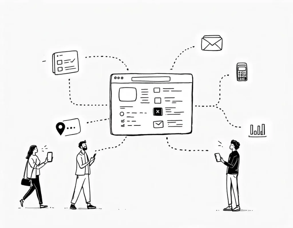 Illustration depicting three people interacting with a central screen that displays data flow, including icons for emails, tasks, and communication.