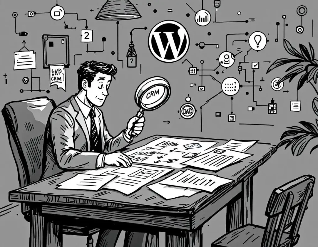 An illustration of a businessman at a desk, examining documents related to CRM and WordPress, with various icons representing data and connectivity in the background.