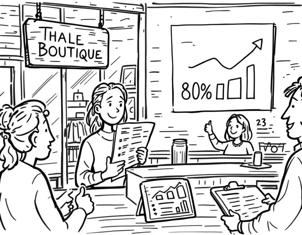 Illustration of a boutique named 'Thale Boutique' with staff discussing customer feedback and satisfaction metrics. A chart displaying an 80% score is prominently shown, symbolizing customer satisfaction, while a child gives a thumbs-up.