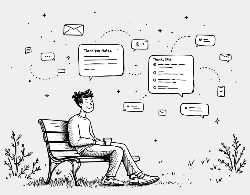 A hand-drawn illustration of a young man sitting on a park bench, holding a cup, with various speech bubbles around him displaying messages related to customer communication like 'Thank You Notes' and 'Thanks SMS'.
