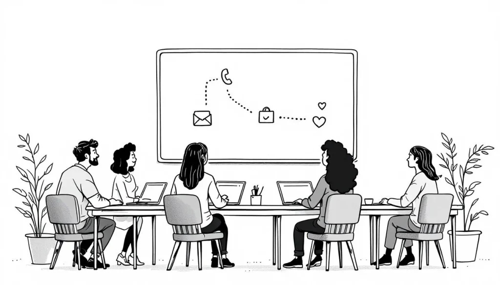 Illustration of a diverse group of professionals engaged in a meeting around a table, with a large screen displaying communication icons such as a phone, email, and a briefcase.