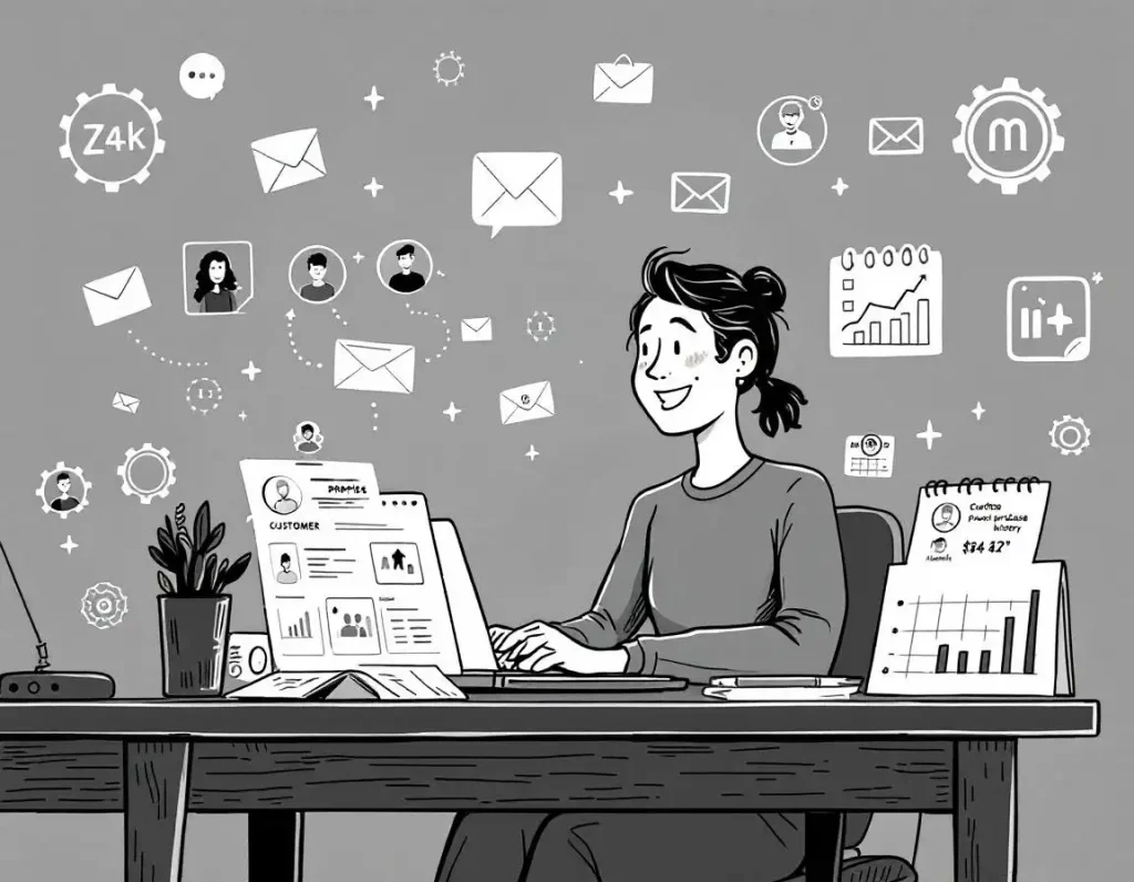 A person sitting at a desk working on a laptop, surrounded by icons representing customer interactions, emails, and data analytics in a minimalist illustrated style.